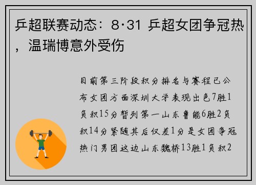 乒超联赛动态：8·31 乒超女团争冠热，温瑞博意外受伤